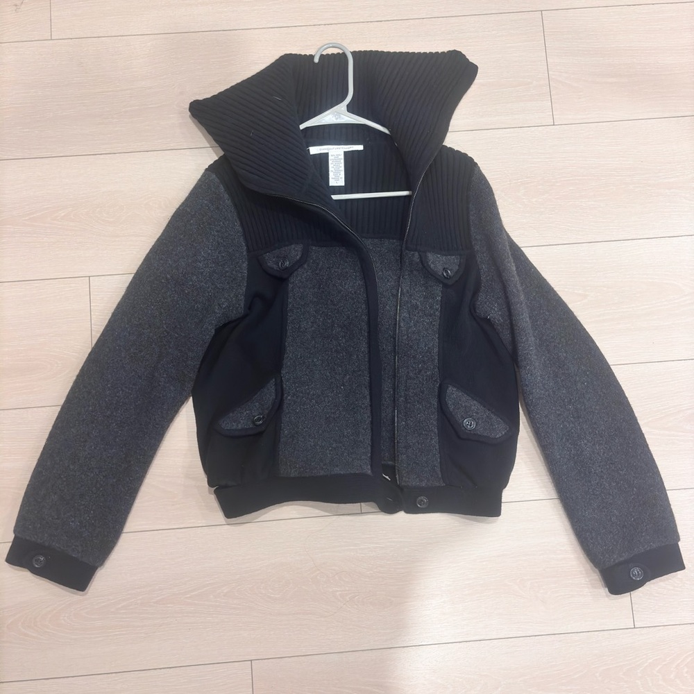 Diane von Furstenberg Wool Bomber Jacket – Grey & Black (Ribbed Shawl Collar)